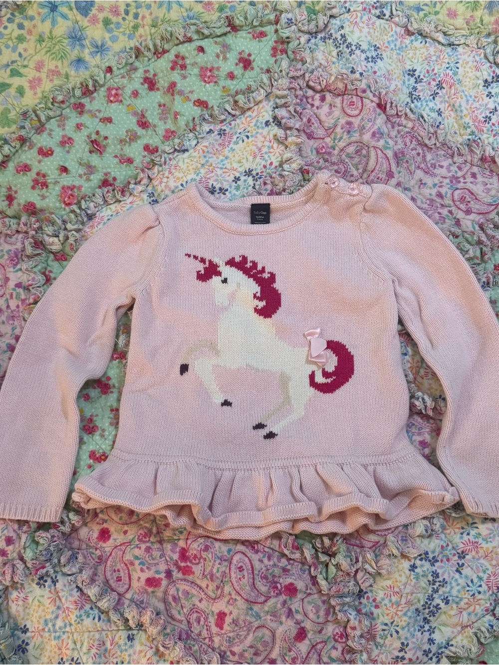 GAP Pink Knit Unicorn Peplum Sweater